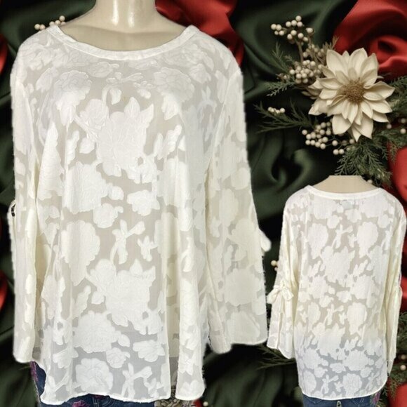 Van Heusen XL Eggshell Sheer Textured Floral Crew Neck Split Tie Long Sleeve Top - Picture 1 of 6